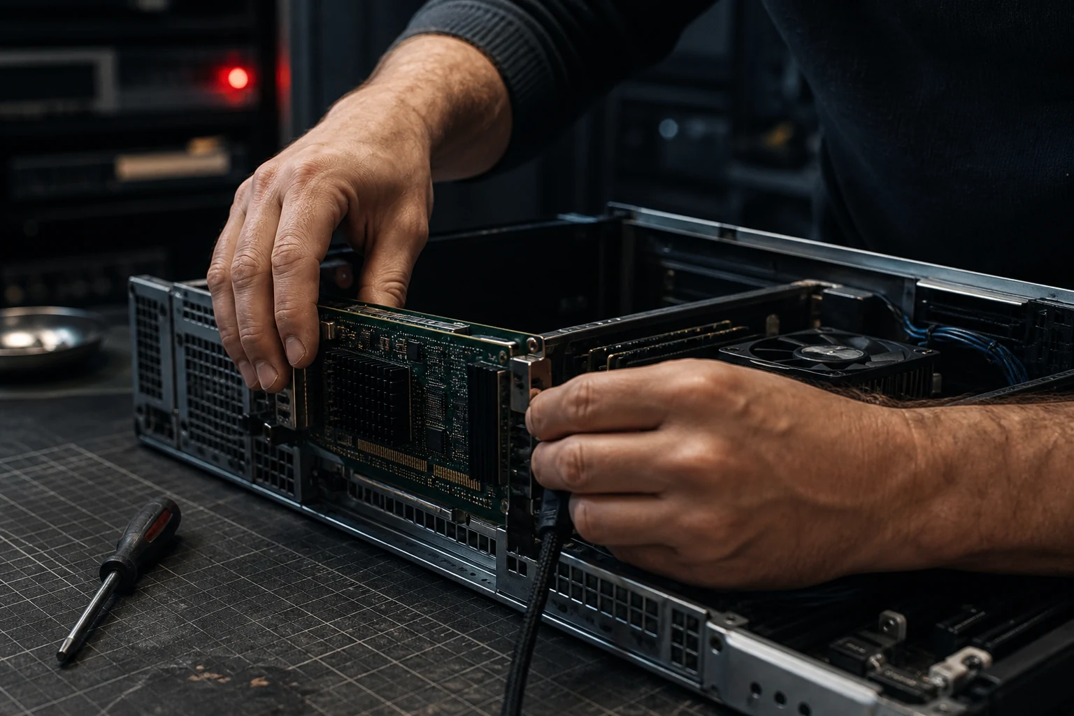 Hands installing a network card in an open server chassis